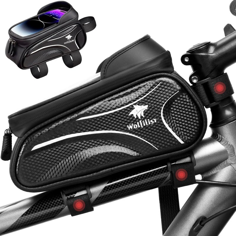 WOLFILIST Bike Bag - Waterproof Bike Frame Bag with Sun-Visor Rain Cover, Bike Phone Holder with TPU Sensitive Touch Screen, Handlebar Bag Bicycle Accessories, Large Capacity Suitable Phone Under 7" - Image 1